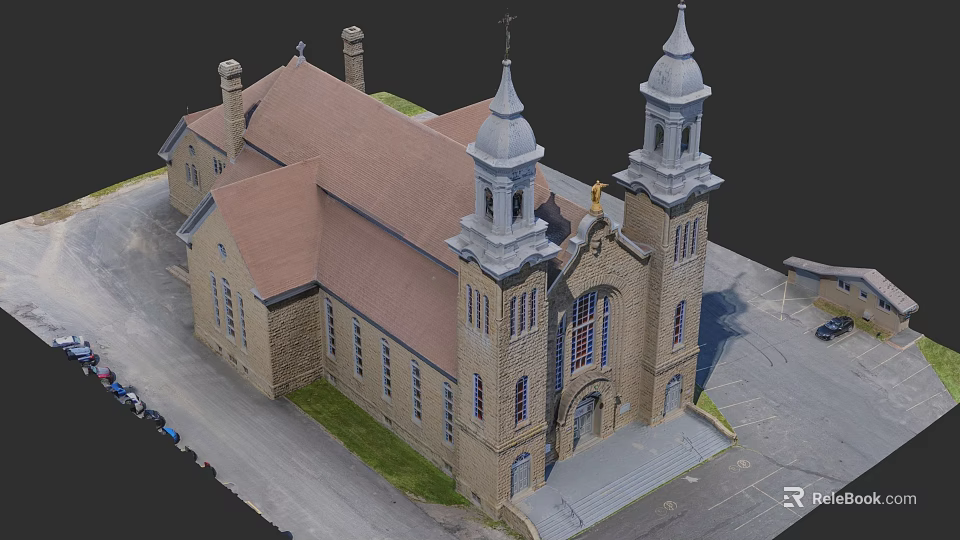 European Style Architecture Featuring Two Tall Towers Brown Roof And Stone Structure 3d model 