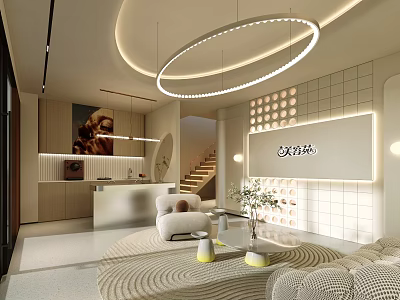 Elegant Modern SPA Sauna Interior With Cozy Sofa Circular Pendant Lights And Textured Rug 3d model