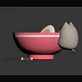 Adorable Cat Licking Ramen Noodles In Pink Bowl With Egg Green Onions And Chopsticks