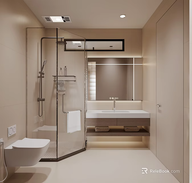Modern Bathroom Interior With Glass Shower Toilet Vanity And Mirror 3d model 