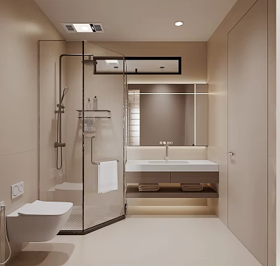 Modern Bathroom Interior With Glass Shower Toilet Vanity And Mirror 3d model