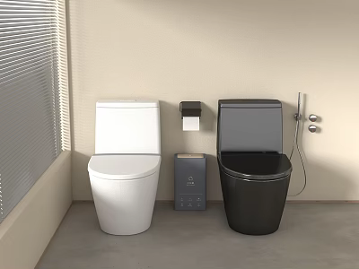Modern Bathroom With White And Black Toilets Toilet Paper Holder And Small Cabinet 3d model