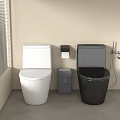 Modern Bathroom With White And Black Toilets Toilet Paper Holder And Small Cabinet