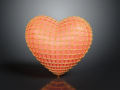 Red Heart Shaped Object with Yellow Grid Mesh Surface on Dark Background and Bottom Reflection 3d model