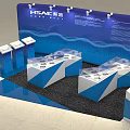 Modern Exhibition Display Shelves With Transparent Counters And Blue Booth Layout 3d model