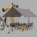 Camping Tents With Multiple Designs Tables Chairs Balloons And Animal Sculptures Setup