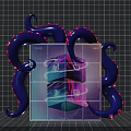 Transparent Cube With Blue Pink Octopus Tentacles Wrapping On Grid Background 3d model
