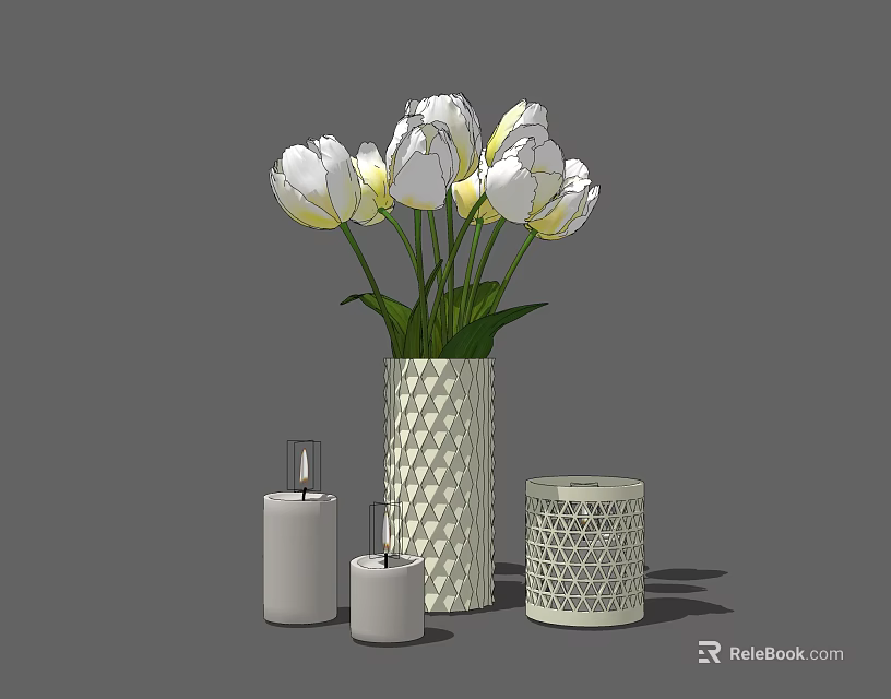 Decorative Ornaments Set With Geometric Vase White Tulips Perfume Bottles And Candle Holder 3d model 