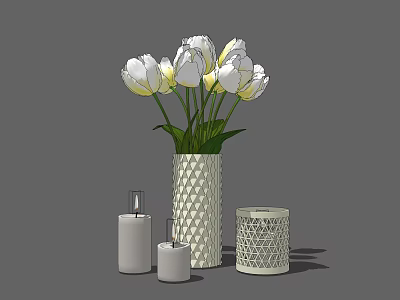 Decorative Ornaments Set With Geometric Vase White Tulips Perfume Bottles And Candle Holder 3d model