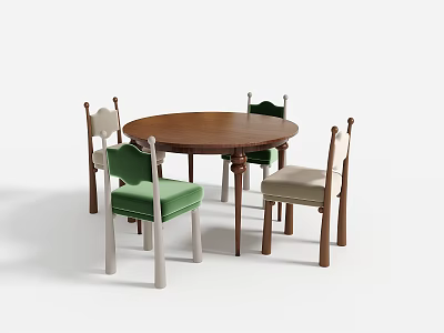 Dining Table Set with Round Wooden Table and Four Chairs in Green Beige Seats 3d model