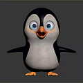 Cute Cartoon Penguin With Big Blue Eyes Open Wings And Orange Feet On Gray Background