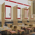 Warm Ambiance Japanese Restaurant Interior With Wooden Tables Chairs Orange Cushions Bar Counter Decorative Paintings