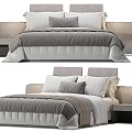 Modern Double Bed With Upholstered Headboard Multiple Pillows Knitted Blanket And Bedside Table 3d model