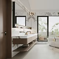 Modern Bathroom With Marble Walls Large Mirror Double Sink Vanity Freestanding Bathtub And Smart Toilet