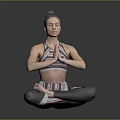 Woman Practicing Yoga In Cross Legged Pose With Namaste Hands Wearing Sportswear Against Gray Background