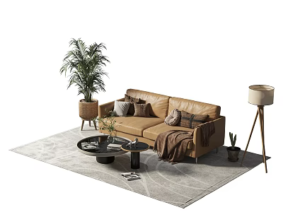 Stylish Brown Sectional Sofa Interior With Potted Plants Area Rug Coffee Table And Floor Lamp 3d model