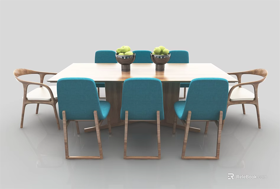 Modern Rectangular Dining Table Set With Blue Chairs Wooden Frame And Fruit Bowls 3d model
