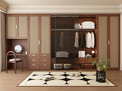 Wooden Wardrobe With Glass Door Hanging Clothes Folded Sections Dressing Table Chair And Rug 3d model