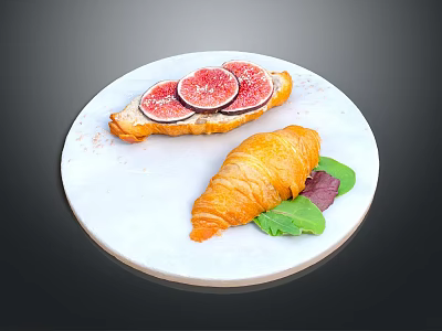 Fresh Fig Toast and Buttery Croissant on White Marble Plate with Green Leaves 3d model