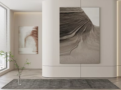 Elegant Modern Living Room With Abstract Artworks Green Plant And Rug 3d model