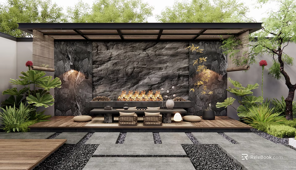 Zen Courtyard Garden With Stone Wall Fire Pit Wooden Deck And Lush Green Plants 3d model 