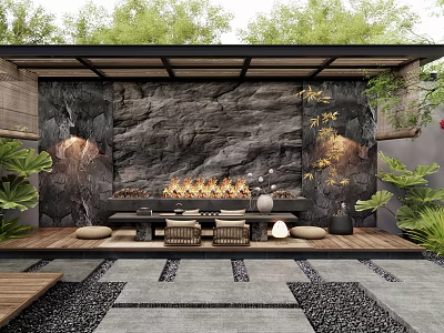 Zen Courtyard Garden With Stone Wall Fire Pit Wooden Deck And Lush Green Plants 3d model