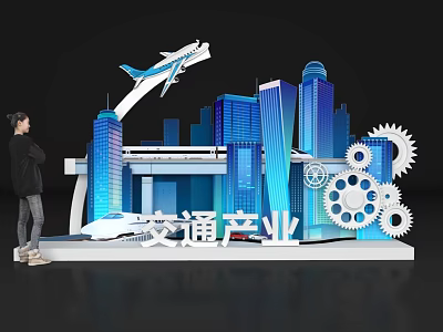 Modern Transportation Industry Photo Spot with Airplane Tall Buildings Gears and High-Speed Train 3d model