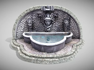 Outdoor Stone Garden Ornament Fountain With Arched Design Carved Decorations And Water Basin 3d model