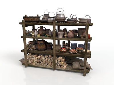Traditional Wooden Storage Rack With Vintage Kettles Pots Jars And Firewood 3d model