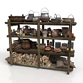 Traditional Wooden Storage Rack With Vintage Kettles Pots Jars And Firewood