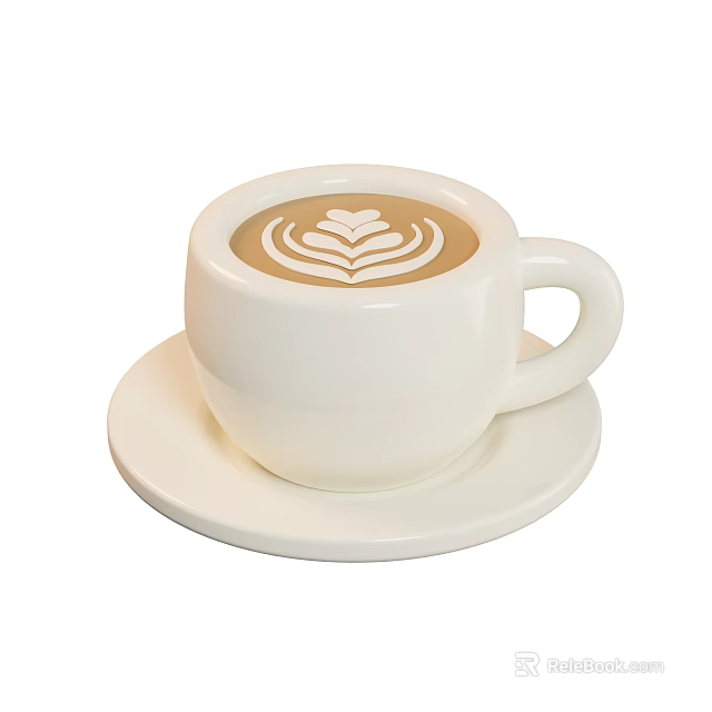 Freshly Brewed Coffee in White Ceramic Cup with Latte Art on Saucer 3d model 