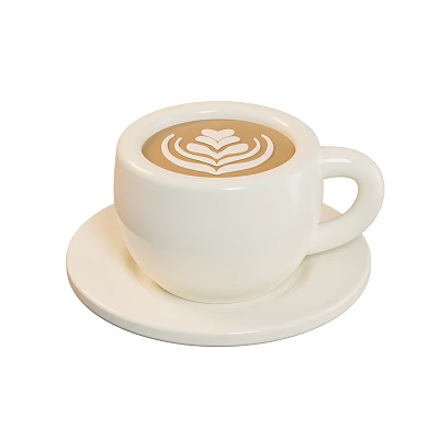Freshly Brewed Coffee in White Ceramic Cup with Latte Art on Saucer 3d model