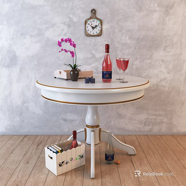 Elegant White Round Dining Table with Pink Wine Bottle Wine Glasses Purple Orchid and Wooden Floor 3d model 