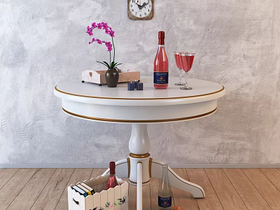 Elegant White Round Dining Table with Pink Wine Bottle Wine Glasses Purple Orchid and Wooden Floor 3d model