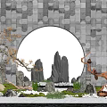 Traditional Chinese Courtyard Garden Featuring Circular Archway Gray Stone Wall Rock Formations And Pine Tree