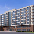 Modern Office Building Exterior With Glass Windows Brick Base Entrance And Landscaping