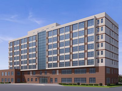 Modern Office Building Exterior With Glass Windows Brick Base Entrance And Landscaping 3d model