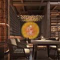 Modern Industrial Style Bar Interior With Grid Wall Pendant Lights And Dining Tables And Chairs