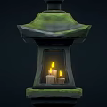 Ancient Style Stone Lantern With Pagoda Top And Lit Candle In Chamber