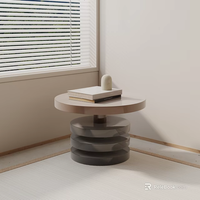 Round Side Table With Stacked Disc Base Books And Decor On Top By Window 3d model
