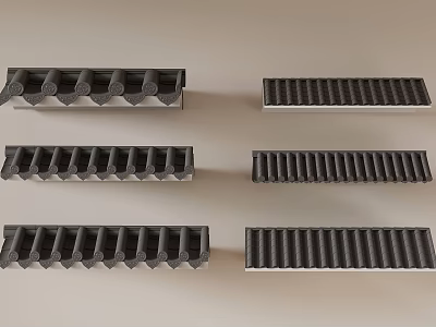 Black And Gray Slatted Grilles With Various Patterns Arranged On Light Background 3d model