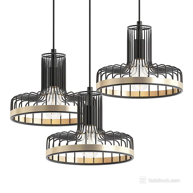 Three Modern Pendant Lights With Black Gold Metal Frame And Grid Shade Design 3d model 