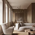 Modern Wooden Dining Living Room Interior With Hanging Chandelier Dining Table And Chairs
