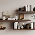 Wooden Wall Shelves with Books Vases and Decorative Items in Minimalist Room Setting