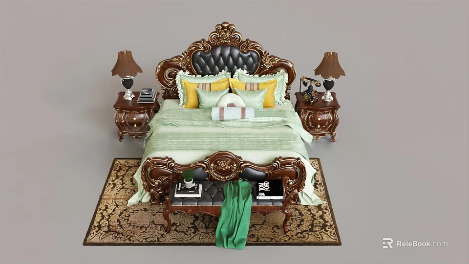 Luxurious Classic Double Bed with Carved Headboard Nightstands and Table Lamps 3d model 