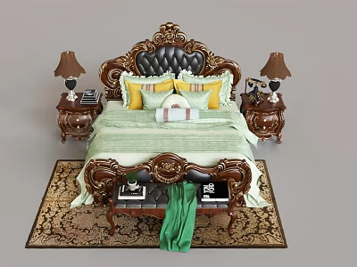 Luxurious Classic Double Bed with Carved Headboard Nightstands and Table Lamps 3d model