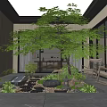 Villa Balcony Garden With Large Green Tree Stone Pond Rattan Chairs And Wooden Walls