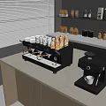 Stylish Kitchen Counter With Espresso Machines Stacked Cups And Shelf Bottles