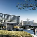 Modern Greenland Group Sales Office Building With Glass Curtain Wall And Surrounding Landscaping Trees
