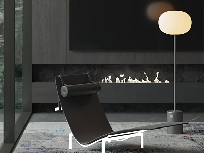Modern Black Chaise Lounge In Contemporary Living Room With Fireplace Floor Lamp And Area Rug 3d model